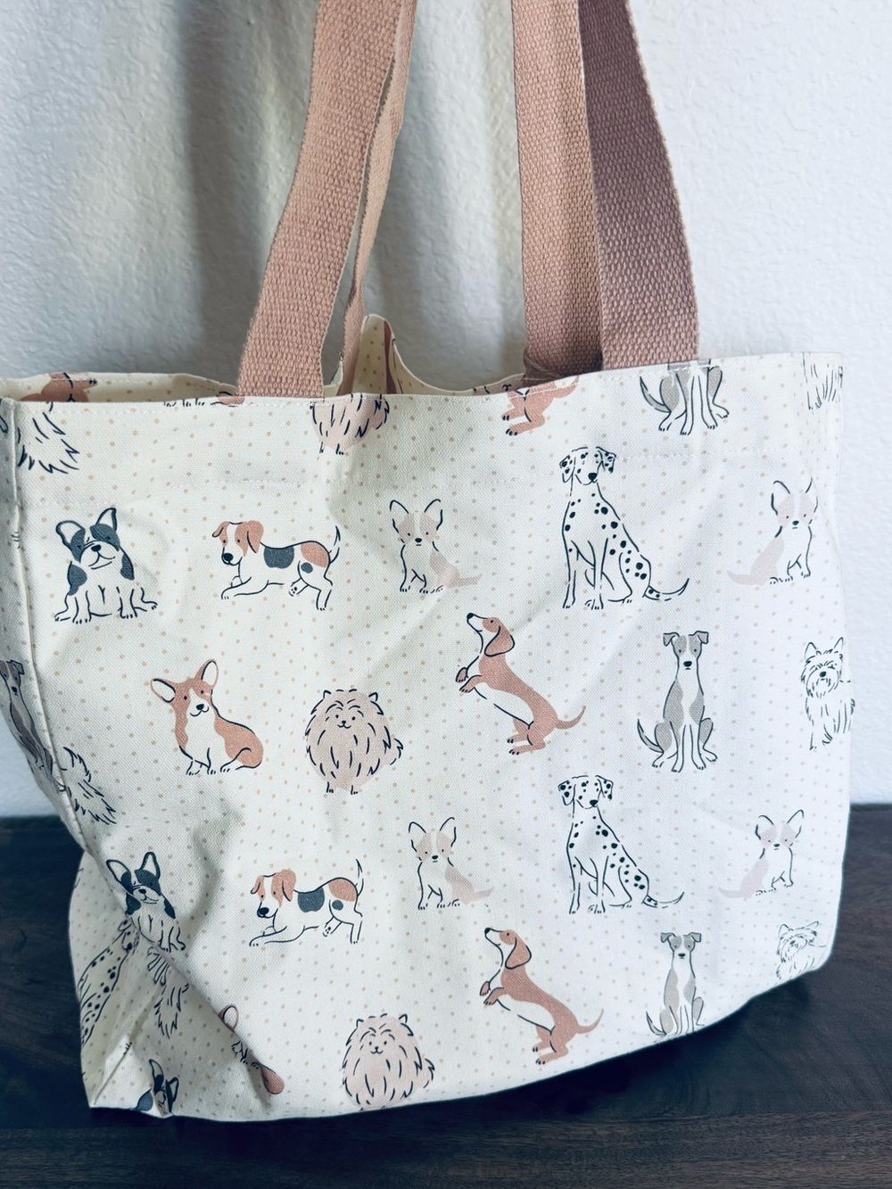 Dog Print Canvas Cream Tan Shopping Tote Bag
